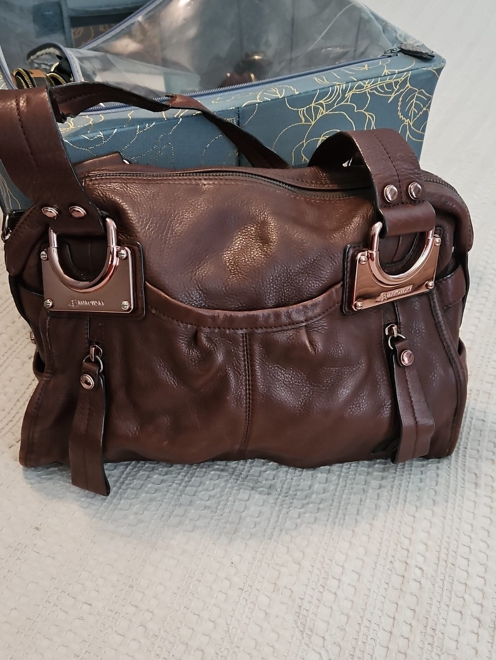 b. makowsky Chocolate Brown Leather Messenger Bag with Silver Hardware